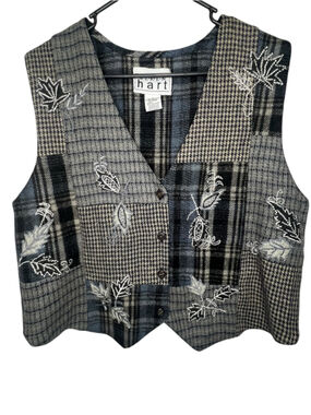 KEREN Hart Wool Blend Patchwork Plaid Embroidered Button Up Vest
